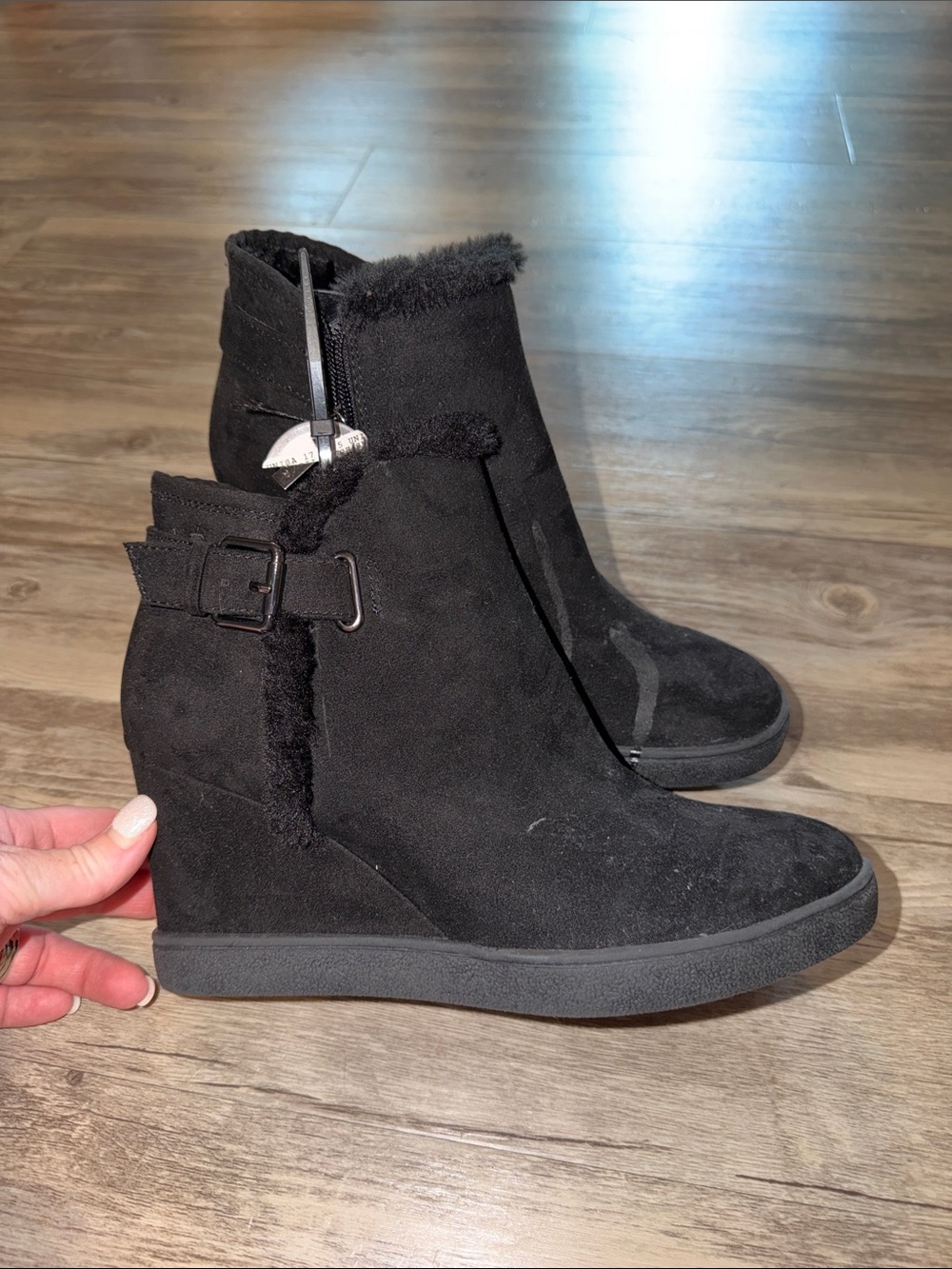 Unisa Black Suede Wedge Ankle Boots with Shearling Trim